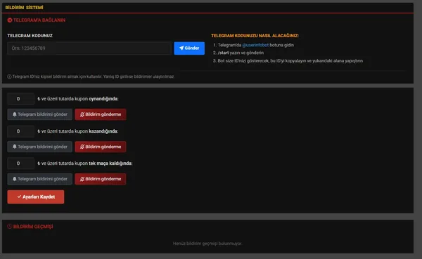 Telegram bildirim sistemi - anlık para yatırma, çekme ve kupon bildirimleri
